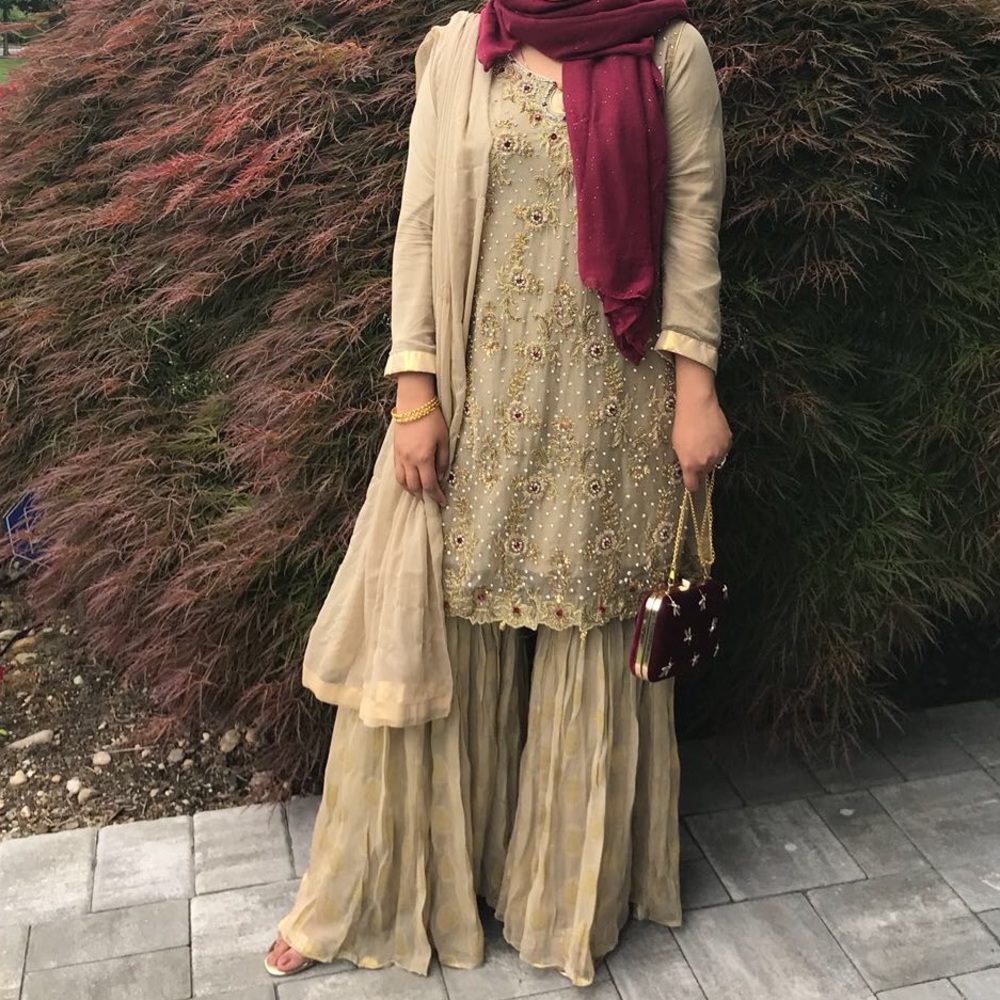 Gold embroidered sharara Pakistani suit